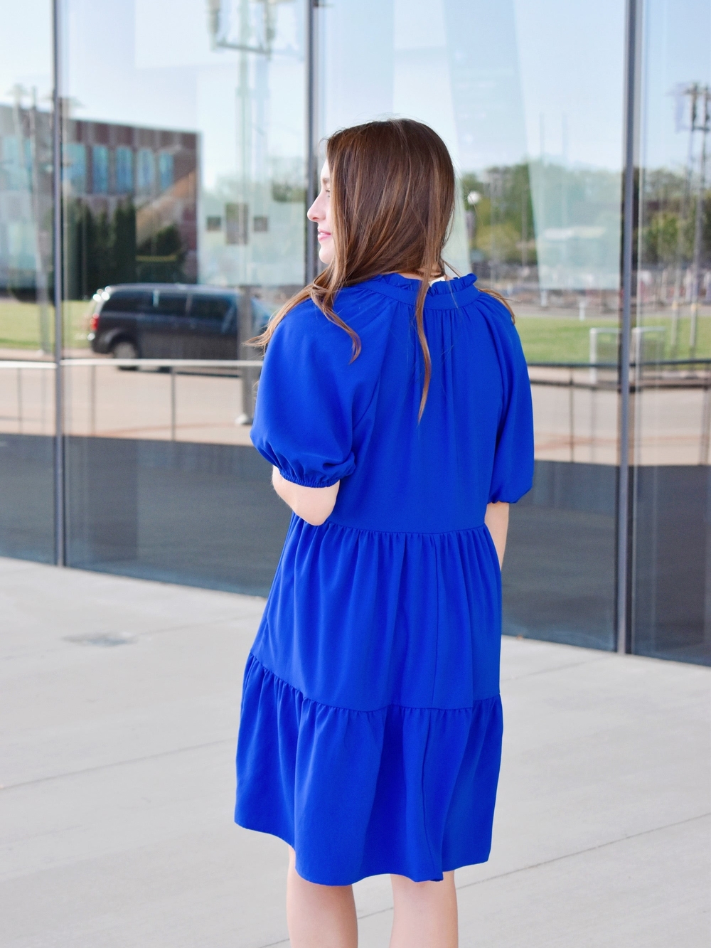 New Women's Jodifl Royal Blue Puff Sleeve Tiered Dress Size Large - Picture 6 of 7